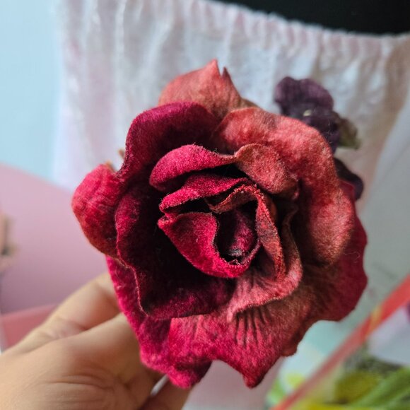 Handmade Red Velvet Millinery Rose and Beaded Fringe Hair Comb 1920s-Style - Picture 6 of 10